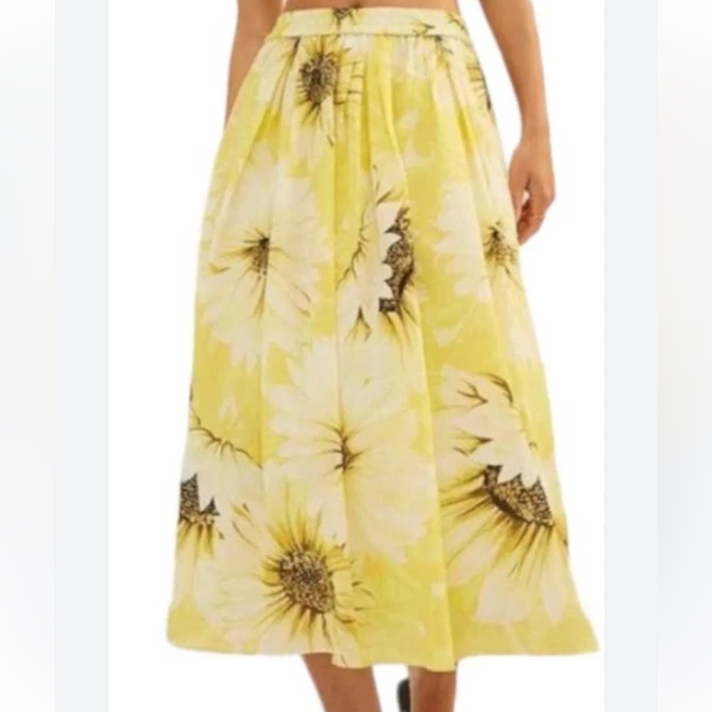 H&M 100% Cotton Flowy Midi Sunflower Print Yellow A-Line Pull-On Skirt XS